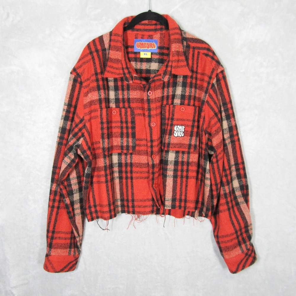 EMPYRE Red Black Plaid Cropped Flannel Shirt Jacket Oversized XL Shacket